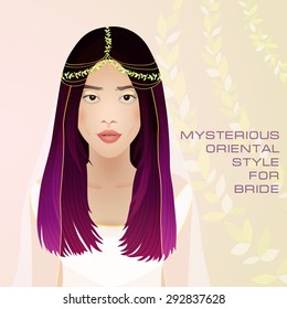 Beauty face of bride. Vector illustration. Mystical, enigmatic style. Beautiful Asian. Wedding decoration of leaves and veils on the head.