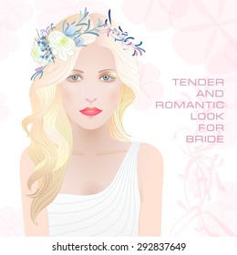 Beauty face of bride. Vector illustration. Romantic, tender and delicate style. Beautiful blonde in flower wreath