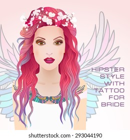 Beauty face of bride. Vector illustration. Hipster style with tattoo. Beautiful woman with wreath on head. Pink and blue hairstyle.