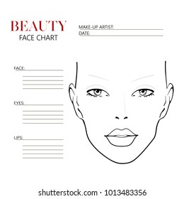 Beauty face chart. Beautiful woman with open eyes. Face chart Makeup Artist Blank Template. Vector illustration.