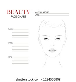 Beauty face chart. Beautiful woman with open eyes. Face chart Makeup Artist Blank Template. Vector illustration.