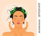 Beauty Face. Female with Natural Makeup and Healthy Skin Portrait. Modern Flat Vector Illustration. Beautiful Model with Green Plant Elements in Her Hair Showing on Her Face on Abstract Background.