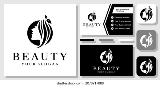 Beauty Face Female Woman Hair Beautiful Circle Leaf Nature Logo Design with Business Card Template