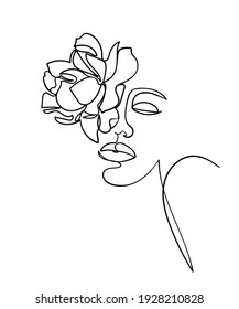 Beauty face with flower rose line drawing art. Abstract minimal portrait continuous line. - Vector illustration