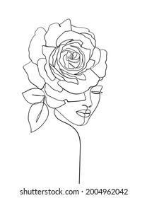 Beauty face with flower rose line drawing art. Abstract minimal portrait continuous line. - Vector illustration