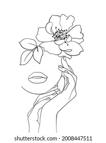 Beauty face with flower rosehip line drawing art. Abstract minimal portrait continuous line. - Vector illustration