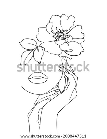 Beauty face with flower rosehip line drawing art. Abstract minimal portrait continuous line. - Vector illustration