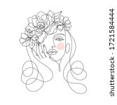 Beauty face with flowers line drawing art. Abstract minimal portrait continuous line. Woman with flowing hair and flowers, for organic cosmetics