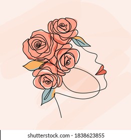 Beauty face with flowers line drawing art minimalism style. Woman with and flowers. vector illustration design.