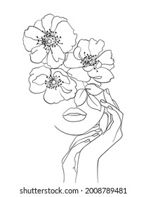 Beauty face with flowers line drawing art. Beauty salon logo. Nature symbol of cosmetics.- Vector illustration