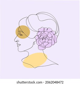 Beauty face with flowers line drawing art. Abstract minimal portrait continuous line. Woman with flowing hair and flowers, for organic cosmetics