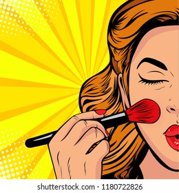 The beauty of the face. Make-up, woman brush causes the tone to the face. Vector Illustration in pop art retro comic style.