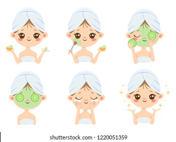 Beauty face mask. Woman skin care, cleaning and face brushing. Acne treatment and sheets masks. Relax cream or scrub masking vector cartoon isolated icons illustration set