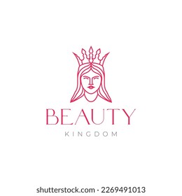 beauty face princess female long hair smile crown kingdom lines logo design icon vector illustration