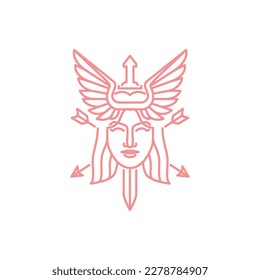 beauty face women female longest hair wings ancient swords angel minimal modern logo design vector