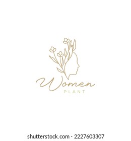 beauty face women with leaves lines logo design 