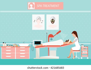 Beauty facial massage treatment of face skin with ozone facial steamer on bed in spa center, women facing the steam, beauty conceptual vector illustration.