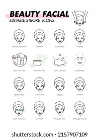 Iconos de cuidado de piel facial de belleza establecen ilustraciones vectoriales de línea editable. Problema cutáneo y solución como piel sensible, acné, arrugas, envejecimiento, manchas, etc.