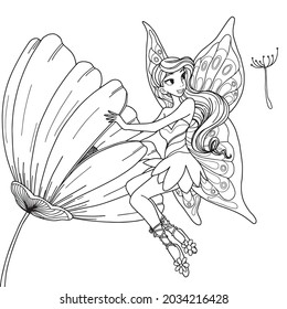 beauty fairy cartoon vector illustration isolated on white background.Black and white.outline.coloring book pages