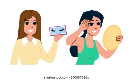 vector de pestañas falsas de belleza.  exantema de pestañas, maquillaje de moda, extensión de belleza cosmética falso personaje de pestañas. ilustración de dibujos animados planos de personas