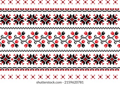 Beauty. Famous Ukrainian folk seamless pattern design. Ethnic tradininal embroidery ornament of vyshyvanka. Concept of art, fashion style. Print for your products, ad. Red, black and white colors