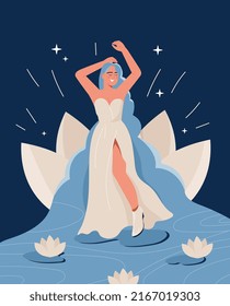 Beauty fantasy woman. Young gGirl in dress stands on flower. Stylish poster or banner for website. Princess, fictional character, imagination, dreams and fantasy. Cartoon flat vector illustration