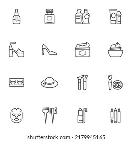 Beauty And Fashion Accessories Line Icons Set, Outline Vector Symbol Collection, Linear Style Pictogram Pack. Signs, Logo Illustration. Set Includes Icons As High Hill Shoe, Perfume Bottle, Face Mask