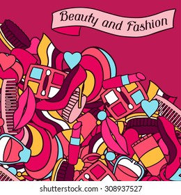 Beauty and fashion background design with cosmetic accessories.