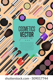 Beauty fashion banner. Vector makeup cosmetics seamless patter with realistic artist tool and painting material accessory. Beauty fashion product presentation illustration. Visage background
