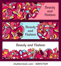 Beauty and fashion banners design with cosmetic accessories.