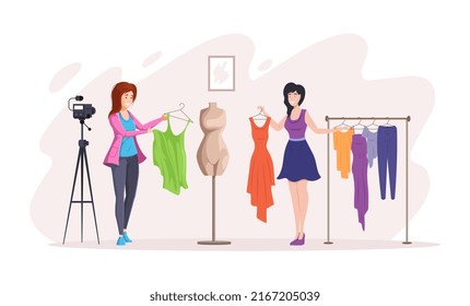 Beauty fashion blogger recording video for her followers. Young woman making content and presenting modern garments camera on tripod. Stylist showing trendy clothes and giving advices flat vector
