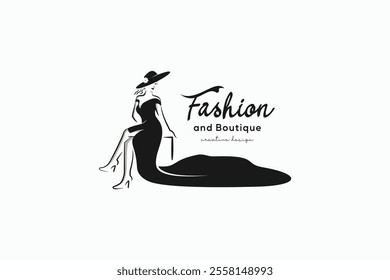 Beauty fashion boutique logo, vector of beautiful woman in long tail luxury dress