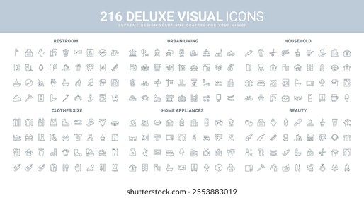 Beauty, fashion clothes size and electrical appliances, urban infrastructure line icon set. Restroom and household sanitary equipment and smart devices thin black outline symbols vector illustration