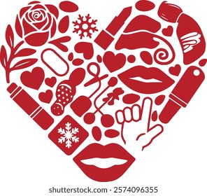 Beauty and fashion element sign in the shape of a heart with multiple icons depicting various lip flowers hat fruit fashion elements.