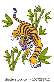 beauty fashion embroidery Japan angry wild tiger between green bamboo. Modern mascot vector illustration for print design of clothes t shirt textile sticker poster.