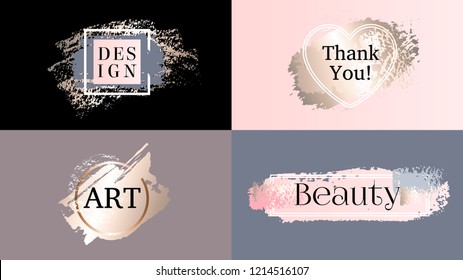 Beauty fashion frames icons logo set. Cosmetics golden paint, ink brushstroke, brush, line or texture. Pastel dirty artistic design element, box, frame for text. Hand drawn vector illustration.