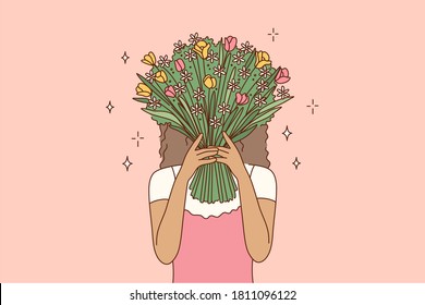 Beauty, fashion, gift, love concept. Young african american woman girl cartoon character covering face hiding behind the bouquet of flowers. Fashionable lifestyle and womens day present illustration.