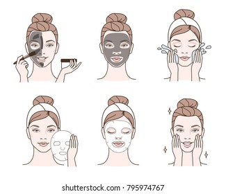 Beauty fashion girl apply different facial masks. Line style vector illustration isolated  on white background.