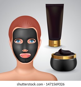 Beauty fashion girl apply facial charcoal black mask. Facial Mask Cosmetics Packaging. Package design for face mask. Cosmetics tube and jar with charcoal creme.