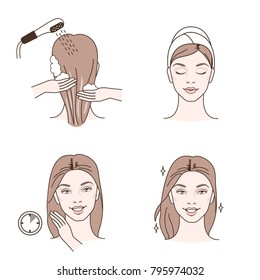 Beauty fashion girl apply hair mask. Line style vector illustration. isolated  on white background.
