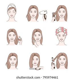 Beauty fashion girl do different hair care and styling procedures. Line style vector illustration. isolated  on white background.