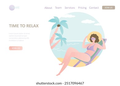 Beauty and fashion girl sitting in a lounge chair on beach, tropical background with female charater, palm tree and ocean. Time to relax, landing page template. Trendy style vector illustration