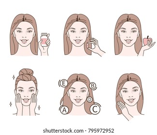 

Beauty fashion girl take vitamin pills for skin and hairs.  Line style vector illustration isolated  on white background.