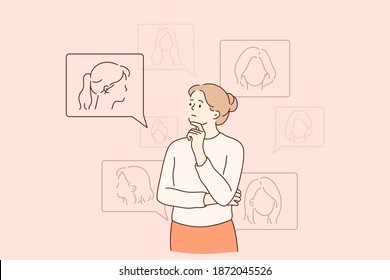 Beauty, fashion and high technologies concept. Thoughtful lady looking at different options of hairstyle. Girl choosing new haircut in internet comparing images vector illustration