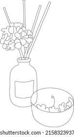 Beauty and fashion. Home diffuser and scented candle with flower petals. Vector flat line art illustration. Vector element for decoration in the style of minimalism. Imitation of drawing by one line