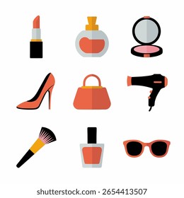 Conjunto de ícones de beleza e moda: batom, perfume, maquiagem, saltos, bolsa, secador de cabelo