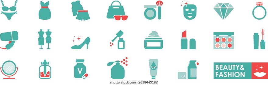 Beauty and fashion icons set in solid style, contain fashion, cosmetics, makeup, jewelry, clothing, and more