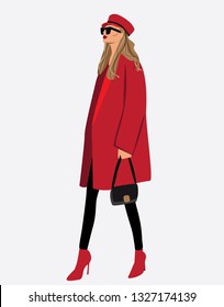 Beauty fashion illustration of modern fashionable woman in red oversized coat. Flat graphic. Spring collection