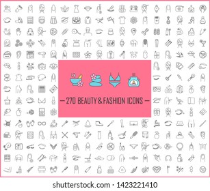 Beauty and fashion industry linear icons big set. Thin line contour symbols. Cosmetics, plastic surgery, spa, manicure, clothes and accessories. Isolated vector outline illustrations. Editable stroke