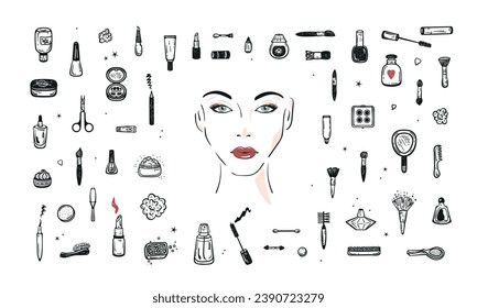 Belleza y artículos de moda. Juego de maquillaje. Colección de cosméticos. Productos cosméticos de Doodle dibujados a mano. Mujer hermosa enfrenta el maquillaje. Muchacha. Gráfico de caras. Ilustración del vector